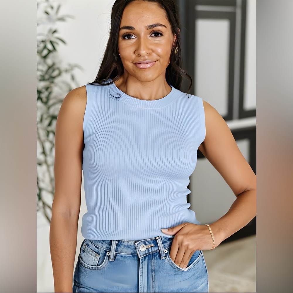 Sleeveless Blue Ribbed Knit Top